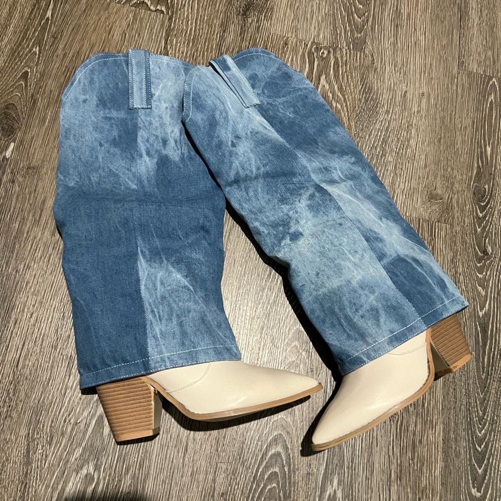 Blue and Beige Cowboy Boots with denim